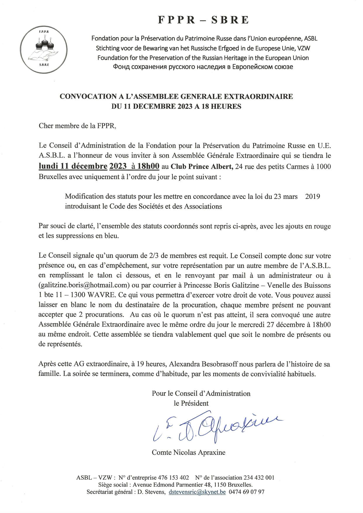 Lettre. Convocation à l|assemblée générale extraordinaire. Mise en conformité des statuts avec la loi du 23 mars 2019. 2023-12-12